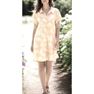 Faherty Brand Yellow Tropical Palm Linen Blend Button Down Shirt Dress XS